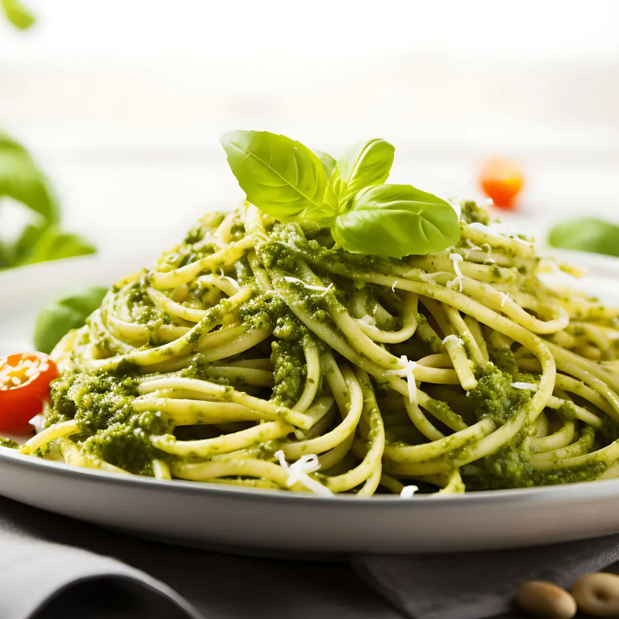 spaghetti made in green sauce and served in a white plate