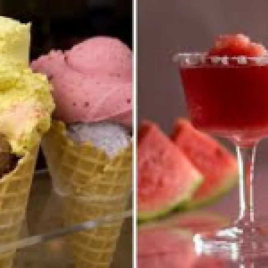 two dishes images combined together. one of ice cream and other of a drink