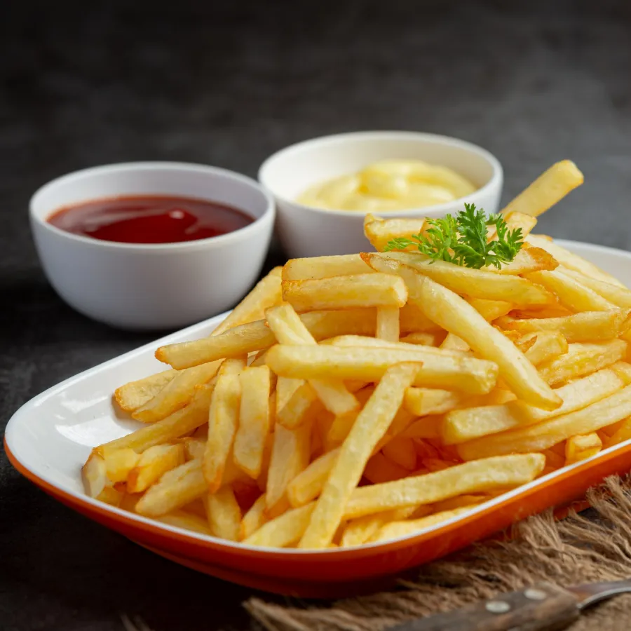 french fries served in a white plate with ketchup and mayo